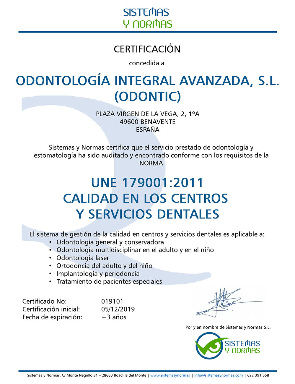 Certificado de la Norma Específica UNE 179001 Odontic by Dr.a María J. Pérez.