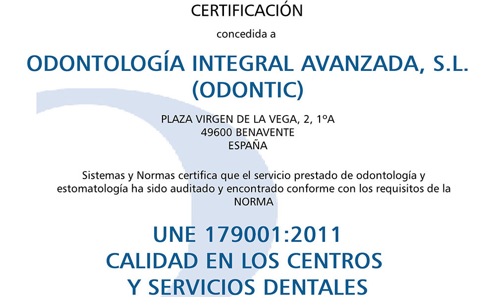Certificado de la Norma Específica UNE 179001 Odontic by Dr.a María J. Pérez.